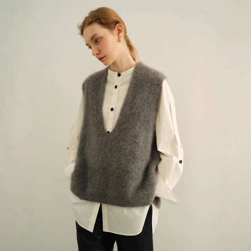 95% Wool 5% Cashmere Brushed Sleeveless Cashmere Sweater Brushed Long Hair Top Base Vest Women's Outerwear Cardigan