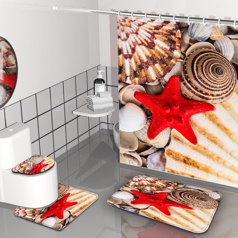 Impresión digital de ondas cortina de baño sin agujeros partición de baño cortina impermeable baño cuatro piezas conjunto de dibujo se puede fijar image 12