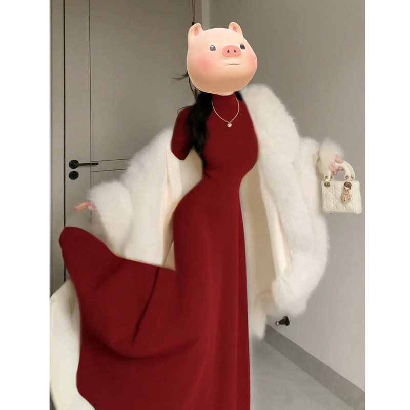 Red Slim-Fit High-Neck Long Dress for Women, Suitable as a Base Layer under Coats in Autumn and Winter, with a Luxurious and High-End Feel, Knitted Dress Red Slim-Fit High-Neck Long Dress for Women, Suitable as a Base Layer under Coats in Autumn and Winter, with a Luxurious and High-End Feel, Knitted Dress