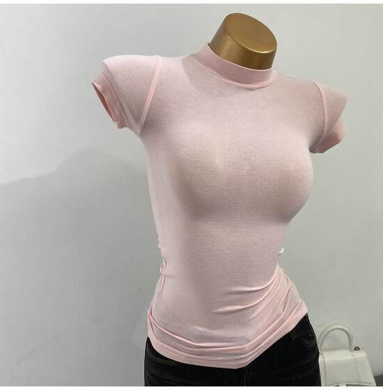 Chest-revealing Large ~ Half-high Neck Micro-transparent Short-sleeved T-shirt Base Shirt Slim-fit Elastic Solid Color Inner 2021 New Top