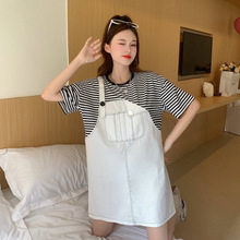 夏季哺乳衣外出辣妈款时尚拼接假两件喂奶衣中长款哺乳连衣裙夏天