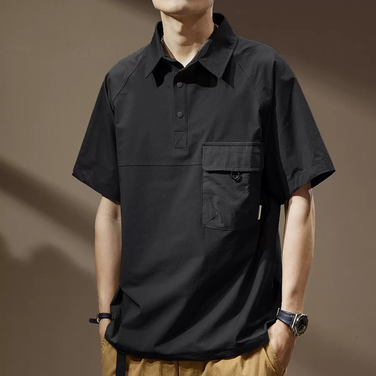 高端美式撞色口袋设计感工装短袖polo衫男夏季翻领复古潮牌体恤男