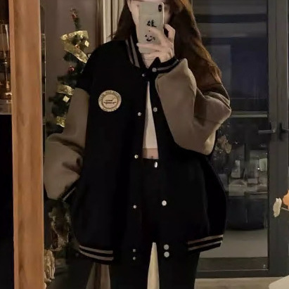 跨境慵懒风棒球服外套女秋冬加绒加厚复古宽松休闲开衫卫衣ins潮|undefined