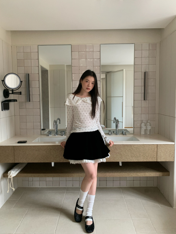 诠释美 NEWOPEN 25秋法式甜美减龄荷叶领修身波点长袖衬衣女F6118|undefined