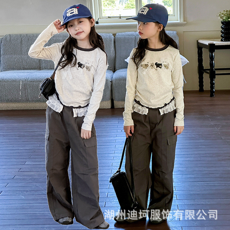 女童秋装打底衫儿童韩版潮流款木耳边长袖T恤棉