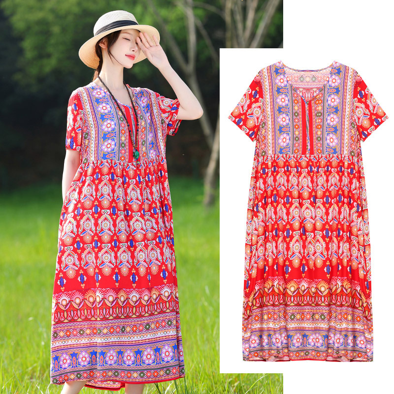 New Stylish Middle-Aged Mom Cotton Silk Dress for Women, Summer Long Dress with a Large Hem, Artificial Cotton, Suitable for 50-Year-Old Mothers-In-Law
