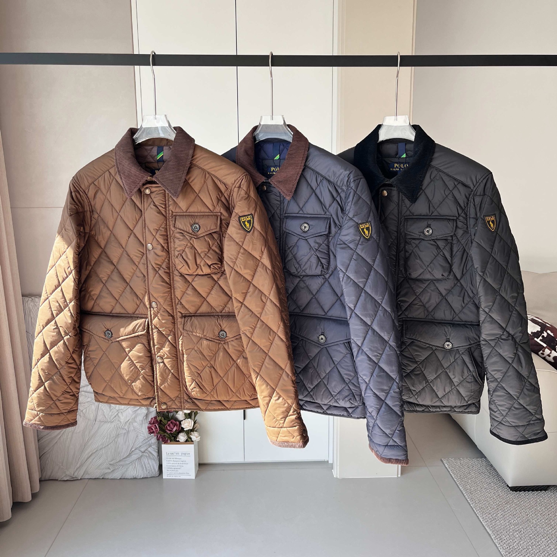跨境RL小马家经典老钱风工装菱格复古翻领休闲百搭棉服夹克外套男