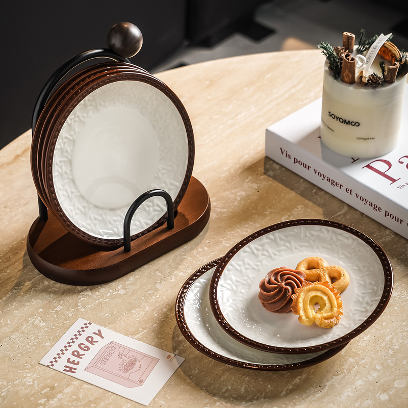 French Retro Snack Plate Snack Plate Set with Acacia Wood Plate Holder Household Ceramic Small Dish Plate Spit Bone Plate