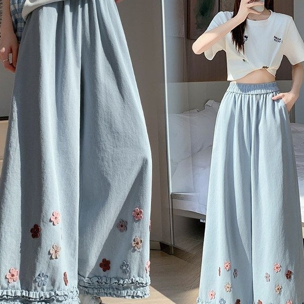 Super Stylish Ruffled Edge Floral Embroidered Casual Pants for Women, Summer 2026 New High-Waisted Loose Wide-Leg Pants