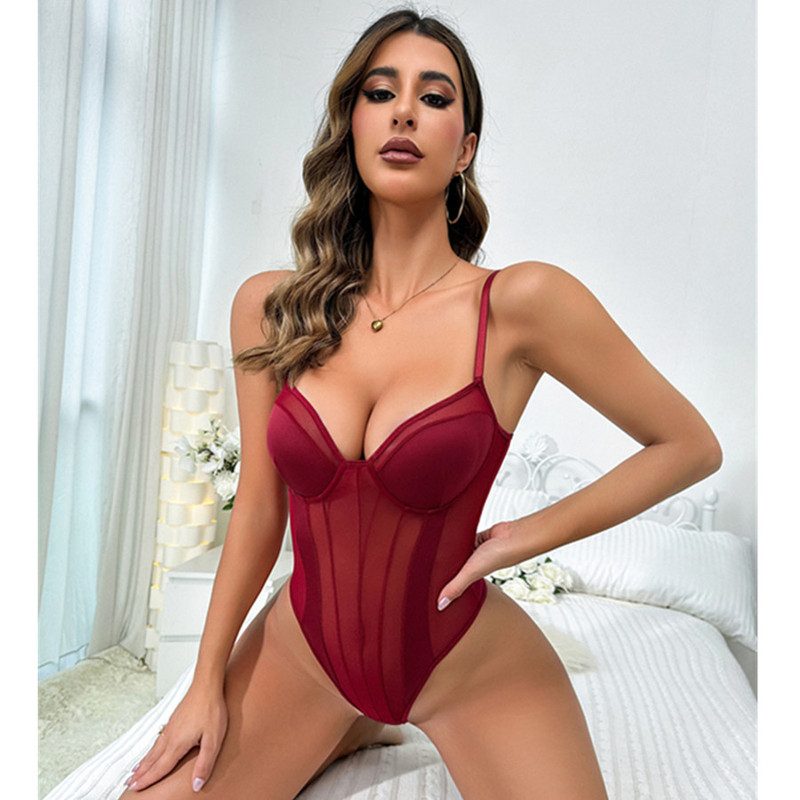 Cross-border new sexy lingerie sexy lace mesh stitching strap jumpsuit perspective temptation pajamas in stock