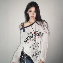 复古字母印花露肩长袖T恤女夏季慵懒风宽松百搭抽绳防晒罩衫跨境