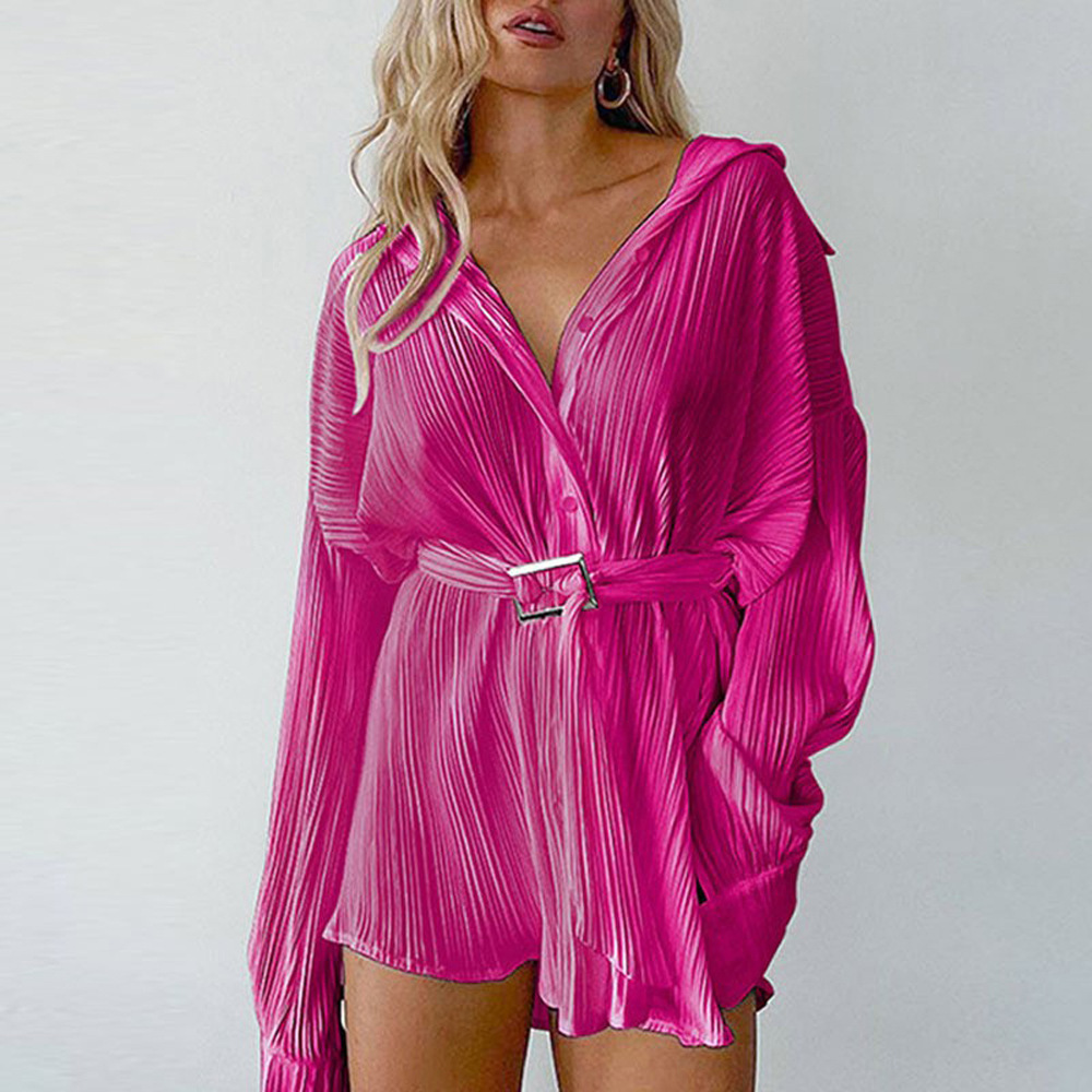 Women's Clothing 2024 women's new shirt collar fashion women's elastic waist pleated long sleeved lace up dress_mkmklike.com