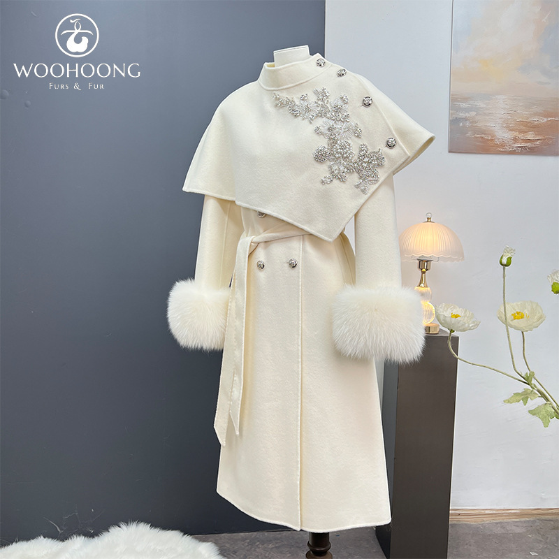 Wuhuang Autumn and Winter Real Fur Coat Cape Cashmere 100% Wool Double-Sided Woolen Coat for Women Long Style with Fox Fur