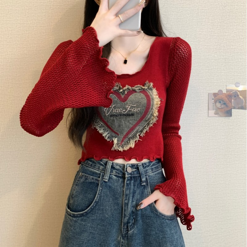 Hot Girl Cut Out Denim Patch Knitted Top for Women Autum New High-Waisted Short Style with U-Neck Bottoming Shirt Hot Girl Cut Out Denim Patch Knitted Top for Women Autum New High-Waisted Short Style with U-Neck Bottoming Shirt