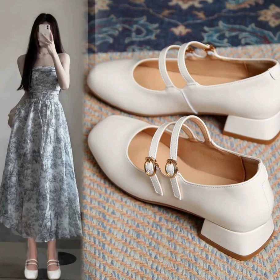 Толстые каблучки Mary Jen туфли с мелким ртом туфли дикие модные ботинки Lefu 2024 корейские элегантные маленькие кожаные туфли на мягкой подошве