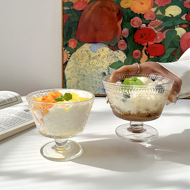 Retro embossed sunflower glass bowl, INS-style household ice cream popsicle bowl, yogurt oat breakfast dessert bowl