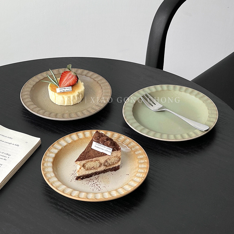 French-Style Retro Dessert Plate, Ceramic Cake Plate, High-Quality Rustic Pottery Tableware, Afternoon Tea Snack Plate