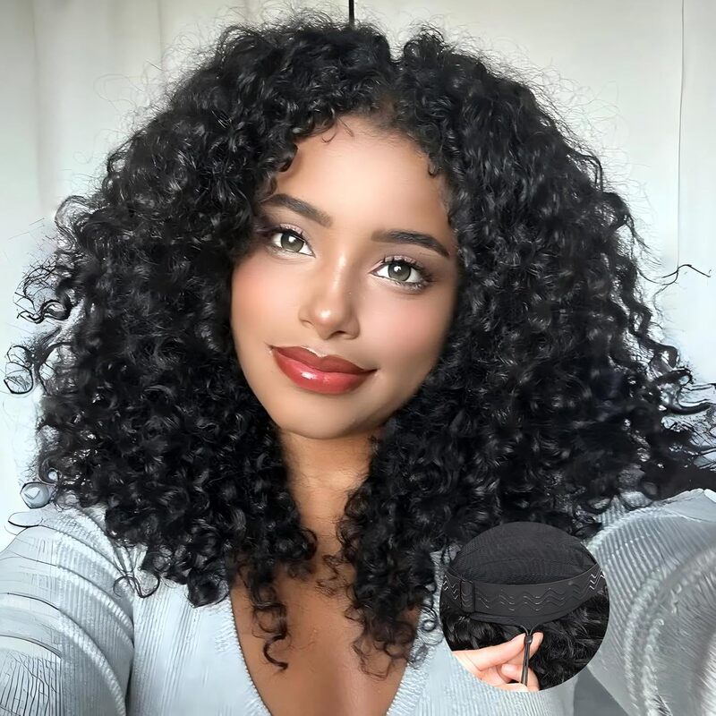 Drawstring Wig 14inch Water Ripple Women's Gradient Brown Mixed Blonde Highlight Short Glueless Wig
