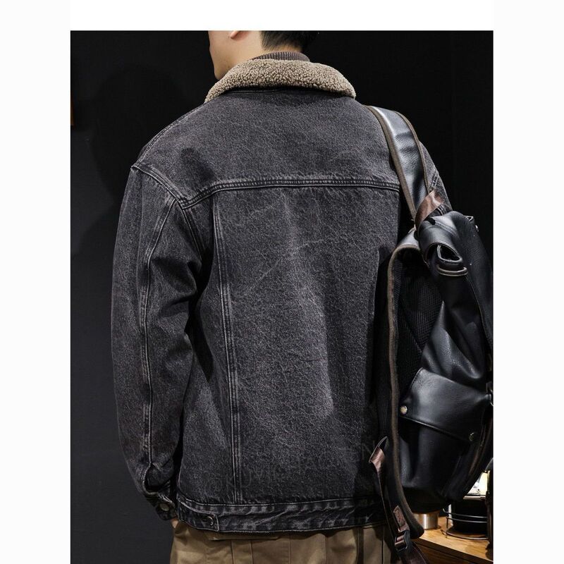 Lamb Wool American Retro Jacket Workwear Fleece Winter Cotton Thick Warm Denim Jacket Men's Trendy Jacket