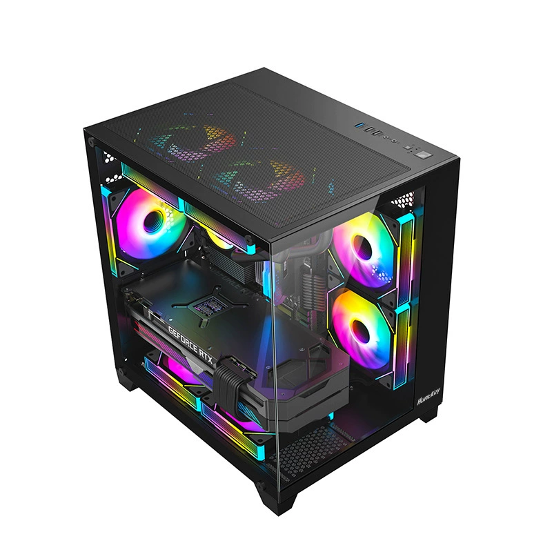 Desktop chassis (Huntkey S900) — panoramic viewing, postless interior, gaming case