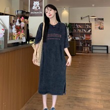 韩版休闲减龄ins洗水做旧短袖T恤女纯棉水洗宽松复古夏季印花长裙
