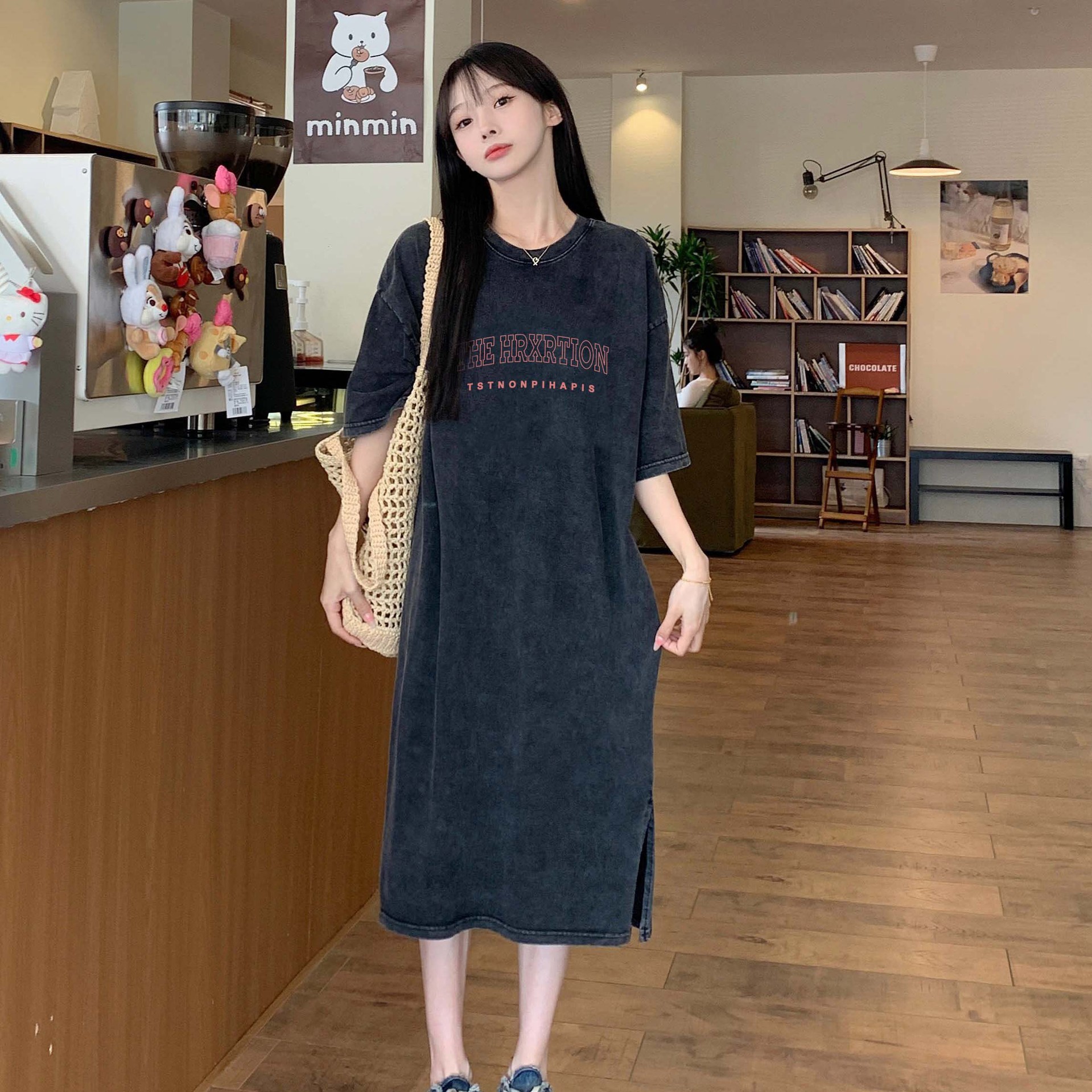 韩版休闲减龄ins洗水做旧短袖T恤女纯棉水洗宽松复古夏季印花长裙