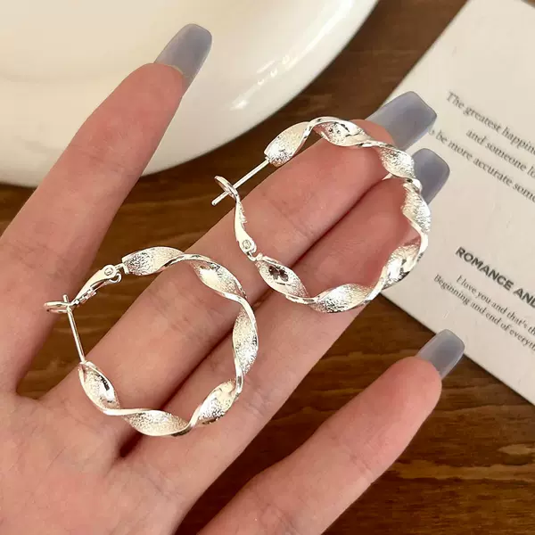 French retro fashion simple matte twisted wave earrings for women, unique and high-end Möbius titanium steel earrings