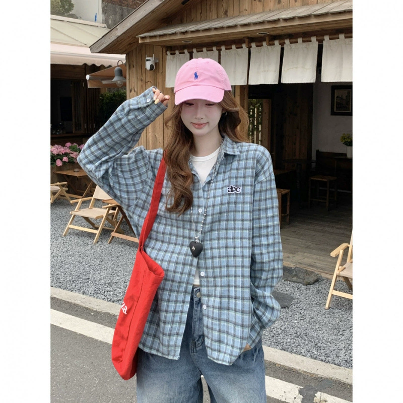 Женская рубашка в ретро-стиле с синей клетчатой вышивкой, свободного кроя, универсальная, с длинным рукавом, весна-осень 2025 года