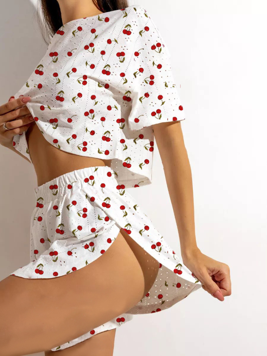 Pijamas europeos y americanos transfronterizos pantalones cortos con aberturas de manga corta con estampado de punto transpirable de verano