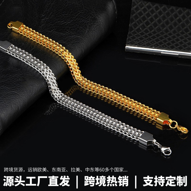 Longrui Cross-Border Hot-Selling European and American Hip-Hop Double Row Front and Back Mesh Stainless Steel Bracelet Fashion Bracelet Jewelry Wholesale