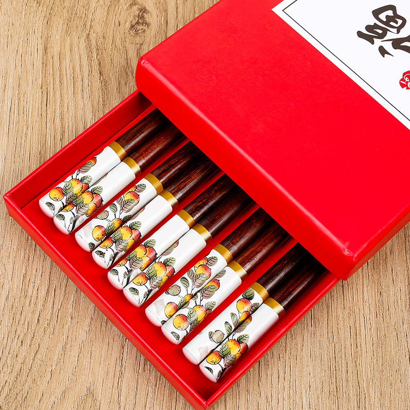 National Chaozhou Home Palillos de madera maciza, todo lo mejor, impresión, antideslizante, no fácil de mohosos, palillos de 24cm, 10 pares de cajas de regalo al por mayor