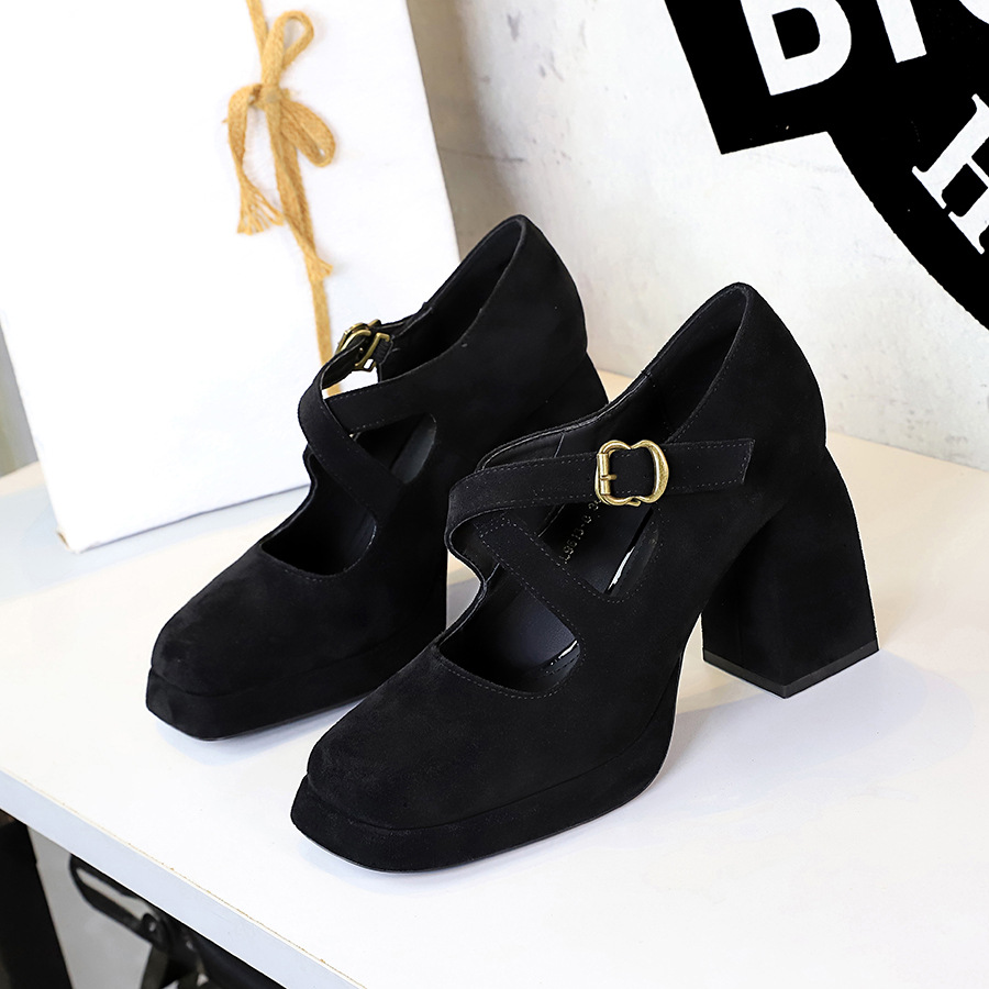 9613-8 European And American Retro Style Women's With Chunky High Heels, Waterproof Platform, Shallow Square Toe, Cross_vogvips.com
