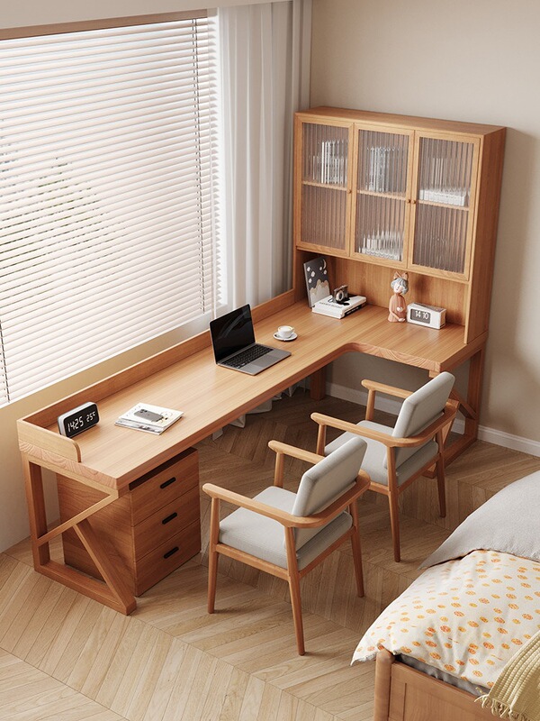 Glass Cabinet Door, All-Solid Wood Corner Desk and Bookshelf Combination, Home-Use L-Shaped Computer Desk, Corner 7-Shaped Children's Study Desk Glass Cabinet Door, All-Solid Wood Corner Desk and Bookshelf Combination, Home-Use L-Shaped Computer Desk, Corner 7-Shaped Children's Study Desk