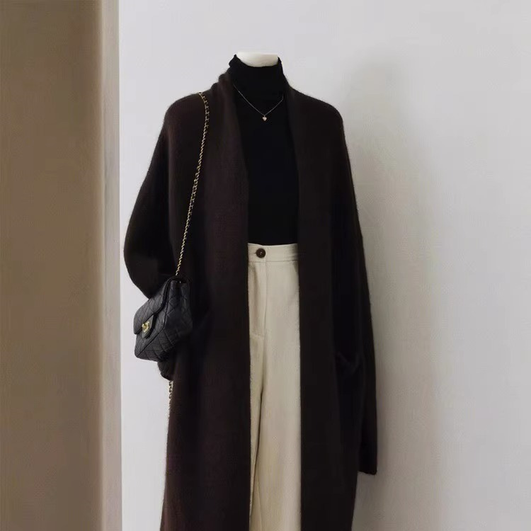 [퍼플 스타] 24 가을 · 겨울 사계절 녹색 단순 한국 고급 다크 브라운 긴 니트 카디건 여자 가을 · 겨울 게으른 스타일