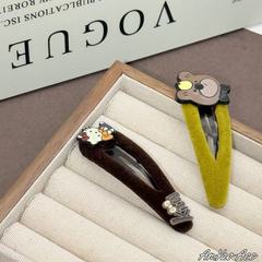 韩版黄色丝绒水滴bb夹额前碎发整理刘海夹2025年卡通小熊发夹发饰
