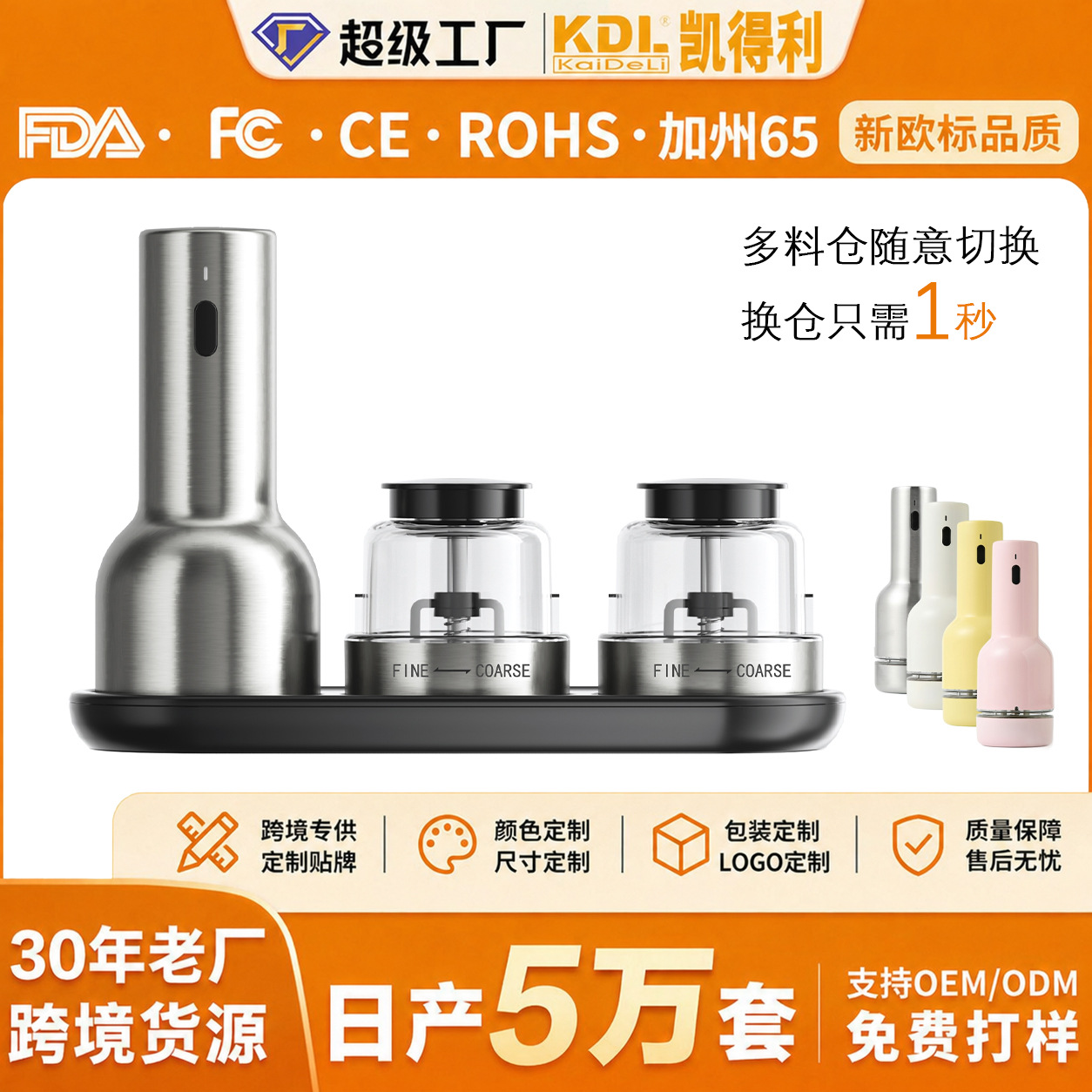多功能电动胡椒研磨器家用黑胡椒海盐研磨机快卡式1S换仓跨境专供