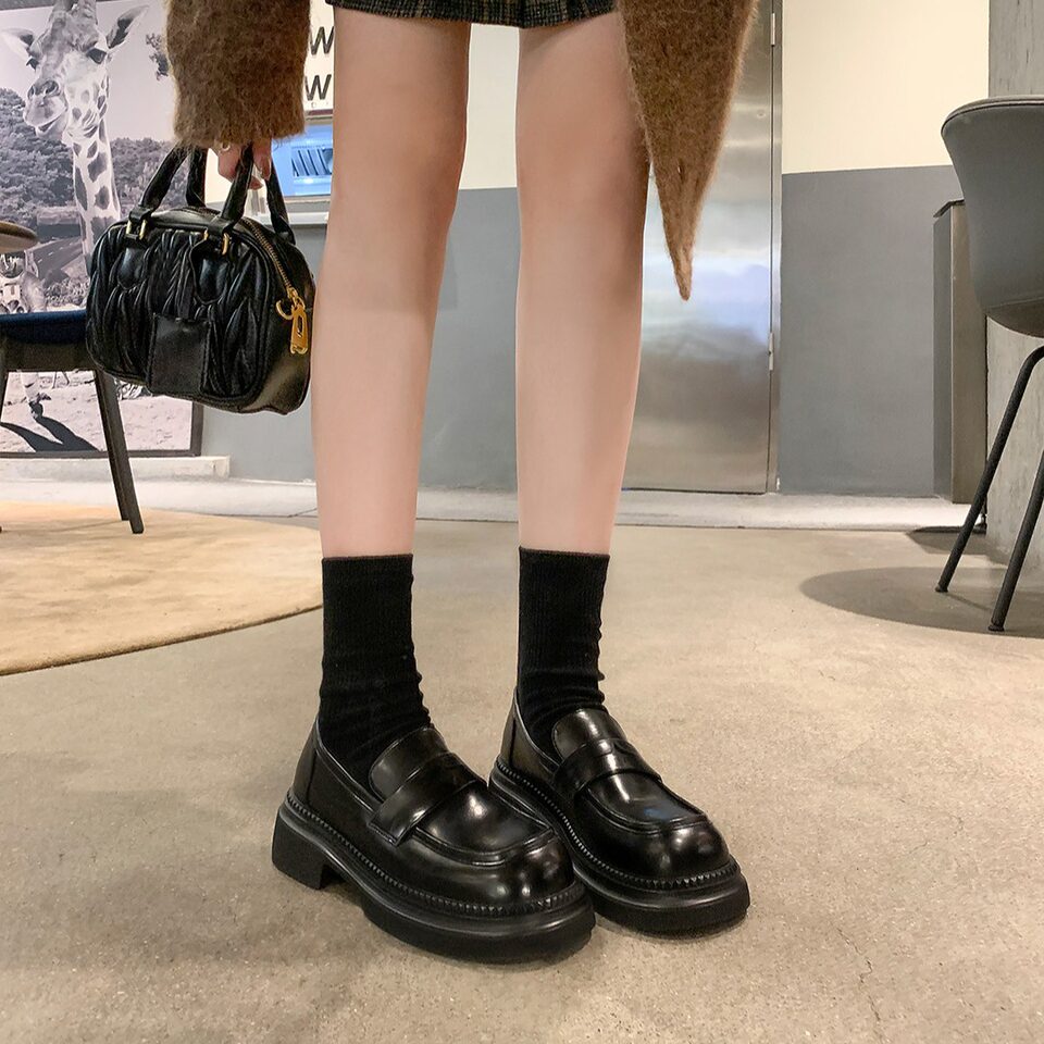 Giày lười nữ da phong cách Anh cổ điển đế dày, mũi tròn, gót thô 3–5 cm — Màu nâu, Màu đen