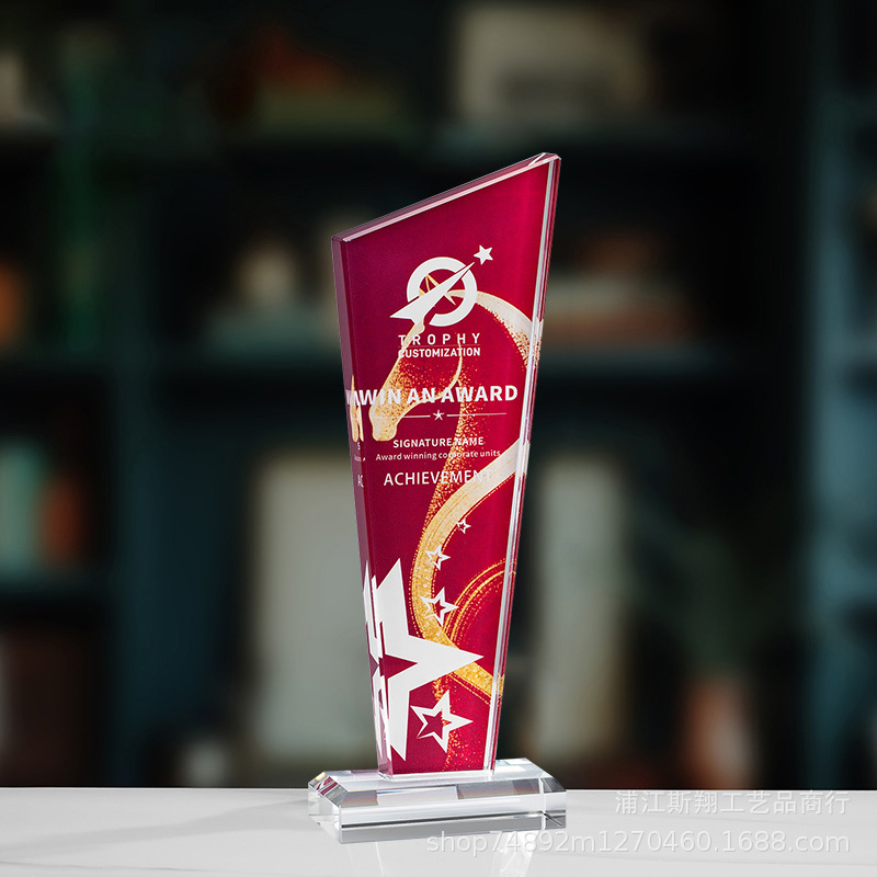 Trofeo de cristal de grabación reunión anual de competición de premios medallas de metal de madera sólida colorido trofeo de cristal impreso