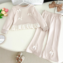 女童秋季新款长袖上衣喇叭裤套装蝴蝶结蕾丝可爱热销韩版洋气欧美