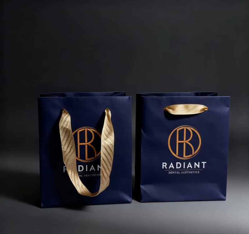 Customized Luxury Navy Blue Paper Bags with Gold Ribbon Handles and Logo, High-End Gift Packaging Bags