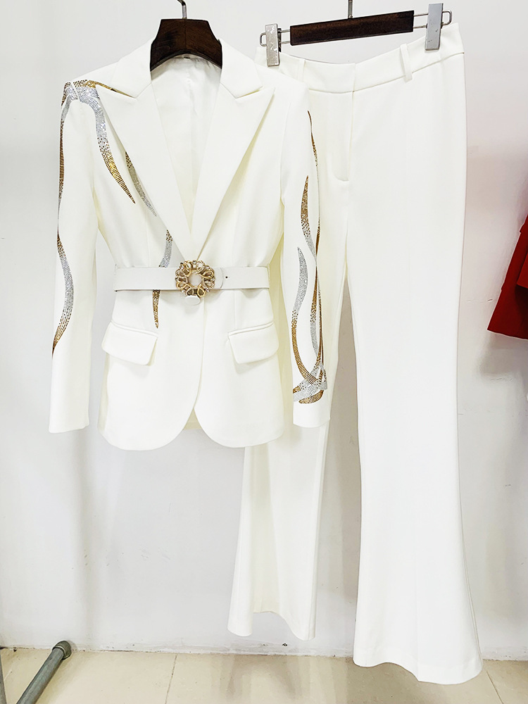 GraceChic En stock 2025 Nouvelle collection européenne et américaine de célébrités, élégante tailleur deux pièces avec ceinture et strass colorés, pantalon évasé_voghion.com