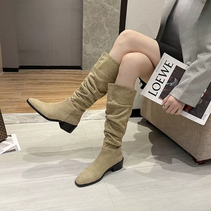 Кавалер сапоги женские 2023 новые тонкие замшевые складки сложенные сапоги толстые каблуки заостренные сапоги западные сапоги высокие сапоги