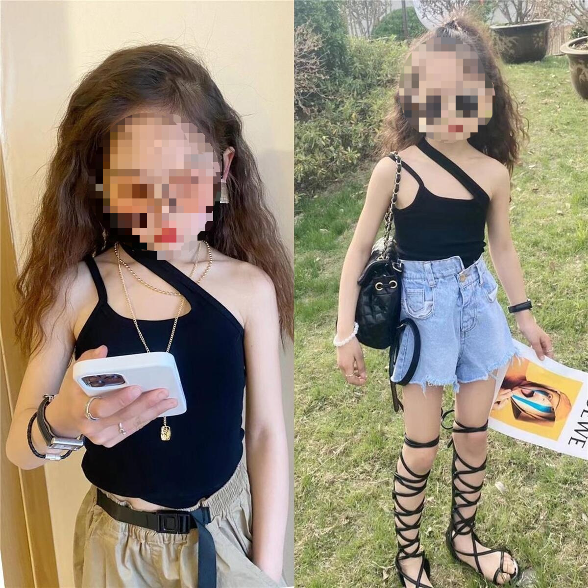 Girls' Tank Top 2024 Summer New Arrival Girls' Versatile Short-Sleeve Trendy Fashion Asymmetrical Straps Tank Top 0214A009