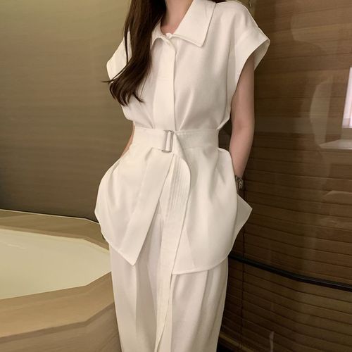 Fashionable Women's Set French Style Elegant Waist-Tie White Shirt Summer High-Waisted Wide-Leg Casual Pants Two-Piece Set