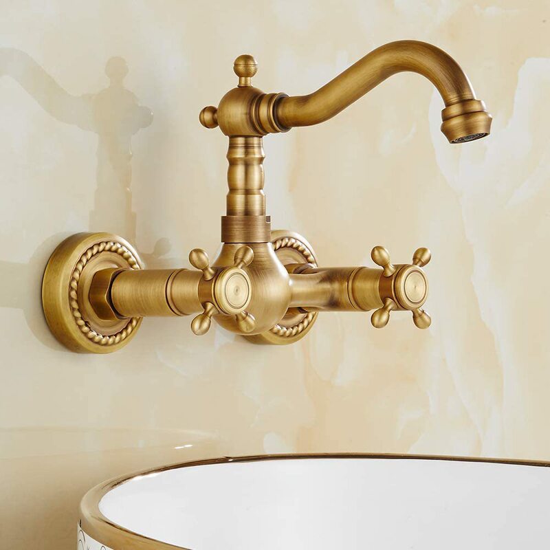 Factory supply brass European antique basin faucet blue and white porcelain hot and cold mixed faucet rotating wall-mounted