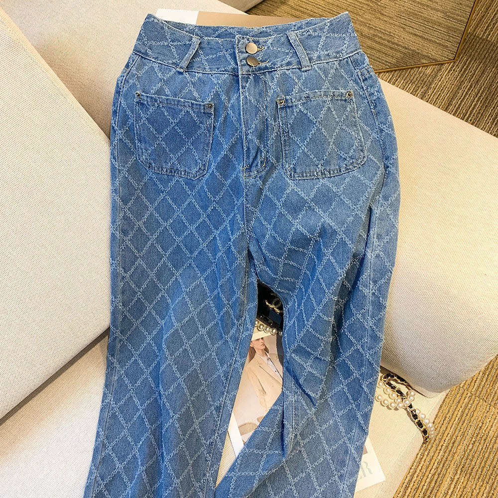 490g Weight Full Length Pants Length Polyester, Denim Cotton Fabric Type High Waist Waist Line Jeans, Straight Pants Pants Type Inelastic Elasticity Holiday, Daily Occasion Loose Fit Type Argyle Pattern Spring, Autumn Season Women's Gender Pocket Design Casual, Streetwear Style Women's Holiday Daily Casual Streetwear Argyle Full Length Pocket Jeans Straight Pants 8