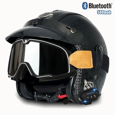 Motosiklet kaskı (dəbilqə): car riding 3/4 half helmet - v-black-crocodile-pattern-large-frame-mask-bluetooth-s