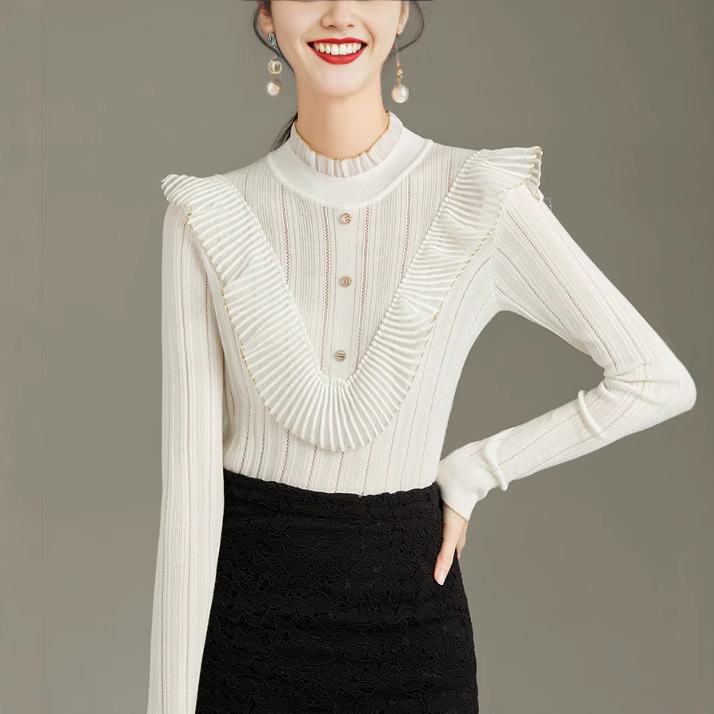 Hong Kong and American Fashion/Lace Half-High Collar Ruffled Wool Knit Sweater for Women Slim Fit Fashionable Thin