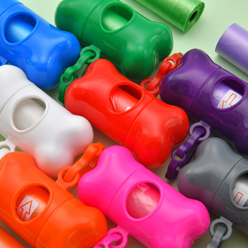 Bone-shaped garbage bag dispenser 2 rolls with suction clips for pet poop scooper outdoor portable plain color garbage bags wholesale