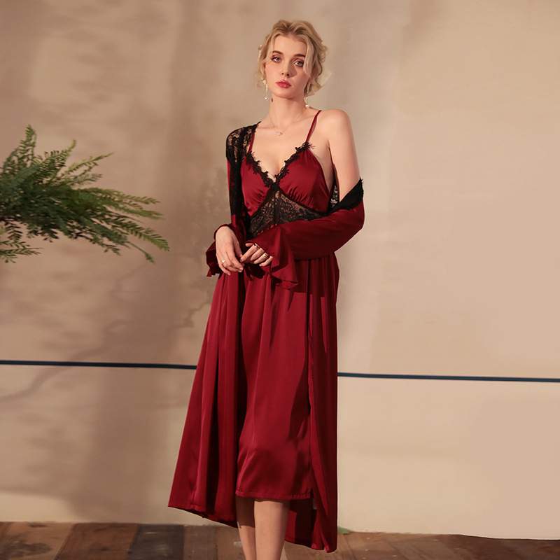 French-style satin lace two-piece robe set for women, featuring a V-neck, eyelash lace, and long dress with straps, perfect as a bridal nightgown. 516+522